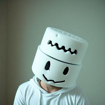 person wearing a white hat with a face drawn on it's face and a white hoodie