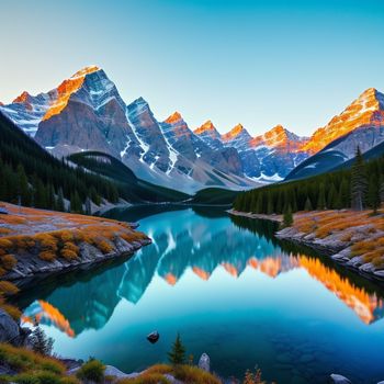 mountain range with a lake in the foreground and a mountain range in the background with a blue sky