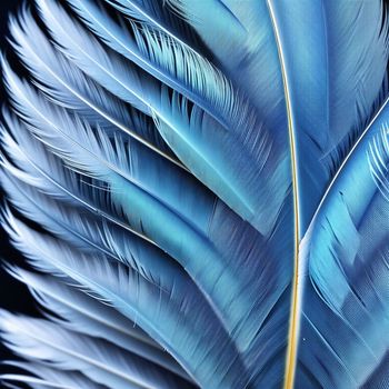 close up of a blue feather on a black background with a gold tip and a yellow tip on the tip