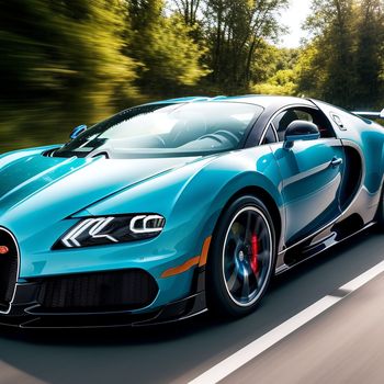 blue bugatti driving down a road next to trees and bushes in the background