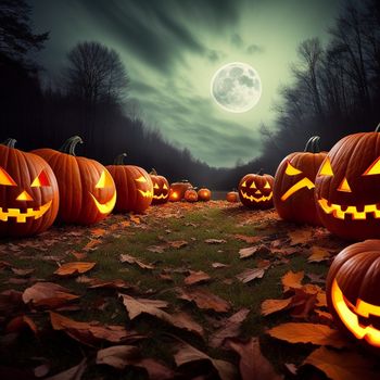 group of pumpkins sitting in the grass with a full moon in the background at night time with leaves on the ground