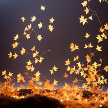 group of yellow leaves floating in the air over a field of dirt and grass at night time with a dark sky in the background