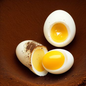 two eggs with one broken and one broken in half on a brown surface with a brown background and a few other eggs with one broken