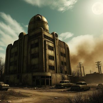 large building with a sky background and a few cars parked in front of it and a full moon in the sky