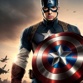 man in a captain america costume holding a shield in front of a sunset sky with planes flying overhead