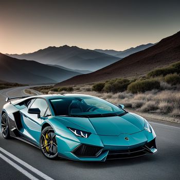 blue sports car driving down a road in the mountains at sunset or dawn with mountains in the background