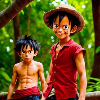 two young boys with fake eyes and a straw hat on their heads