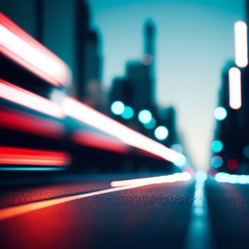 blurry photo of a city street with buildings and cars in the background at night time with bright lights