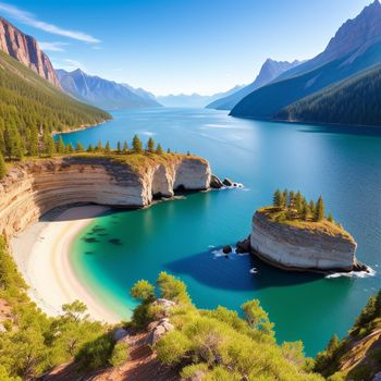 beautiful lake surrounded by mountains and trees in the middle of the day with a clear blue sky above