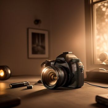 camera sitting on a table next to a window with a light on it and a pen next to it