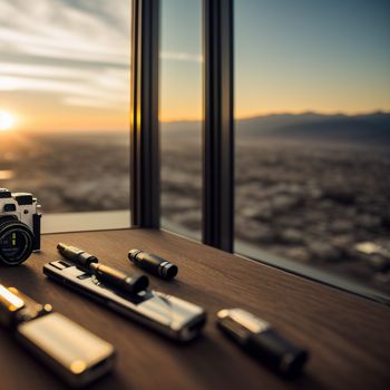 camera and some other items on a table near a window with a view of the city outside of the window