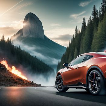 red sports car driving down a road near a mountain range with a forest on fire in the background