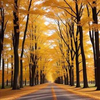 road lined with trees with yellow leaves on the trees and a white line in the middle of the road