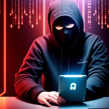 person in a black hoodie using a laptop computer with a glowing padlock on it's face