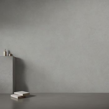 white shelf with a white vase and a white box on it in a room with a gray wall