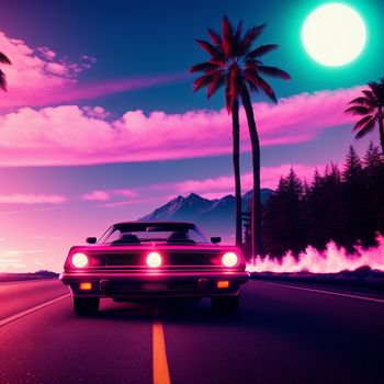 car driving down a road with palm trees in the background and a pink sky with clouds and a full moon