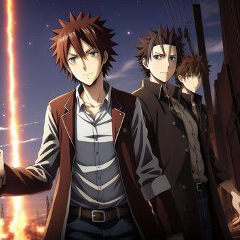 group of anime characters standing next to each other in front of a sky with a rocket in the background