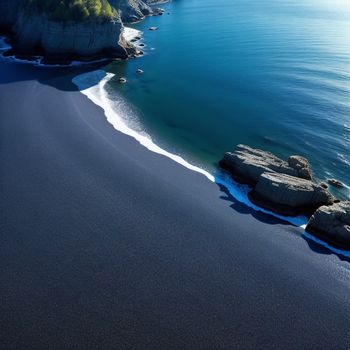 beach with a body of water and rocks on the shore of the beach and a cliff on the other side