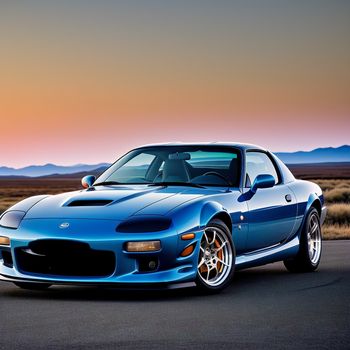 blue sports car parked on the side of the road at sunset or dawn in the desert with mountains in the background