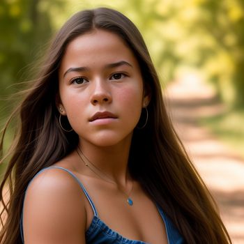 young woman with long hair and a blue dress is posing for a picture in the woods with trees