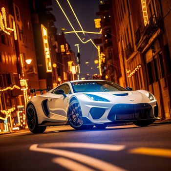 white sports car parked on the side of a street at night time with lights on the buildings behind it