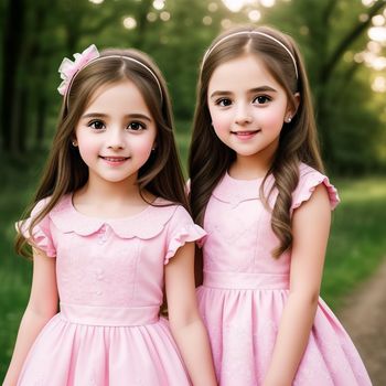 two young girls in pink dresses standing next to each other in a park with trees and grass in the background