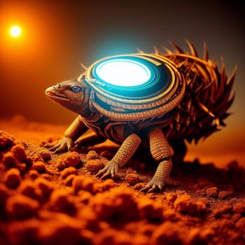 lizard with a light on its head is sitting on a rock in the desert at night time with a bright light on its head