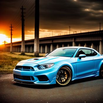 blue car parked on the side of a road near a bridge at sunset or dawn with a dark sky