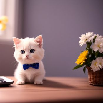 white kitten wearing a blue bow tie sitting next to a flower pot and a laptop computer on a table
