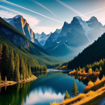 mountain range with a lake surrounded by trees and mountains in the background with a blue sky and clouds