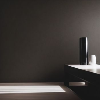 black and white photo of a room with a table and a vase on it's side table