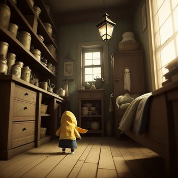 child in a yellow jacket is in a room with a bed and a dresser and a lamp on the wall