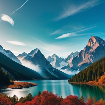 painting of a mountain lake surrounded by trees and mountains with a parachute flying over it in the sky