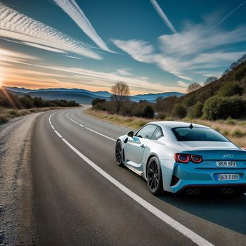 blue sports car driving down a road at sunset or dawn with a sky background and clouds in the sky