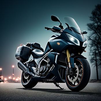 motorcycle parked on the side of a road at night time with lights on the trees in the background