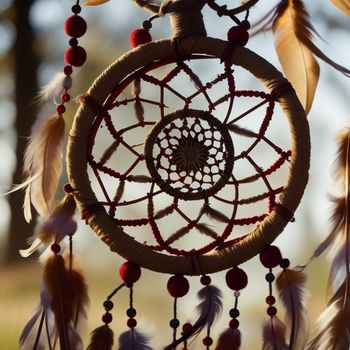 close up of a dream catcher with feathers and beads on it's sides and a tree in the background