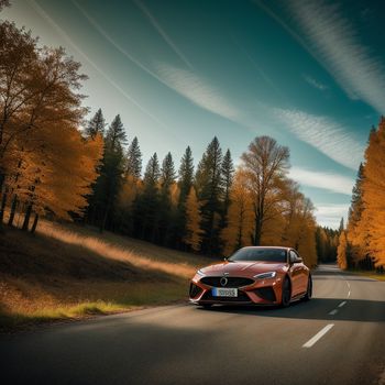 red sports car driving down a road in the woods with trees in the background and a blue sky with wispy clouds