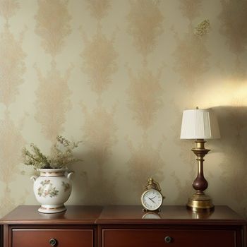 lamp and a vase on a dresser in a room with a wall papered wall and a lamp on a table