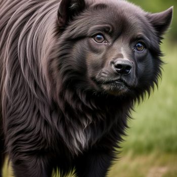 black dog with blue eyes standing in a field of grass and grass behind it is a black dog with blue eyes and a black nose