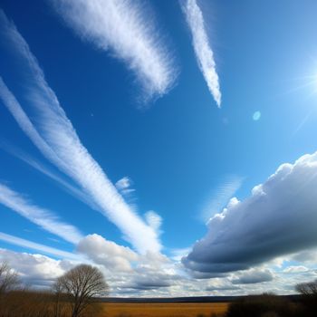 field with a sky filled with clouds and trees in the foreground and a sun shining through the clouds