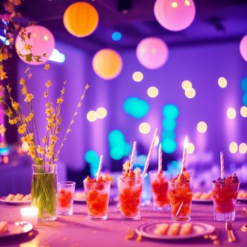 table with a bunch of drinks on it and plates with food on it and a vase with flowers