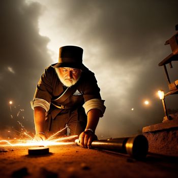man in a top hat is working on a pipe with a light shining on it and a cloudy sky behind him