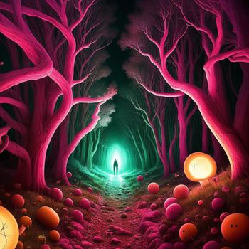 man standing in a tunnel of trees with a light at the end of it and glowing balls all around