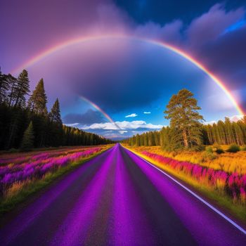 rainbow over a road with trees and flowers in the foreground and a rainbow in the background with a dark sky