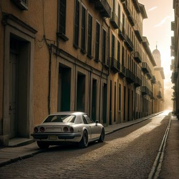 car parked on the side of a street next to a building with windows and shutters on the side