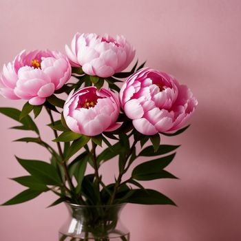 vase filled with pink flowers on a table next to a pink wall and a pink wall behind it