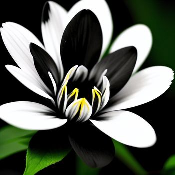 black and white flower with a green leaf in the middle of it's petals and a black background