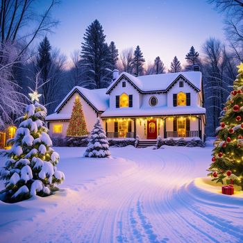 house with a christmas tree and a lit christmas tree in front of it in the snow at night