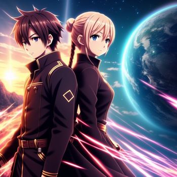 two anime characters standing in front of a planet with a sky background and stars in the background