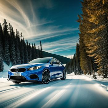 blue car driving down a snow covered road next to a forest of trees and a mountain covered in snow